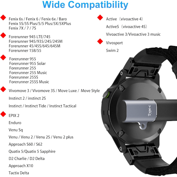 Kellojen lataussovitin (2 kpl), USB C -tyyppi C naaras - uros, lataussovitin yhteensopiva Garmin Fenix7/7S/7X/6/6X/6S jne