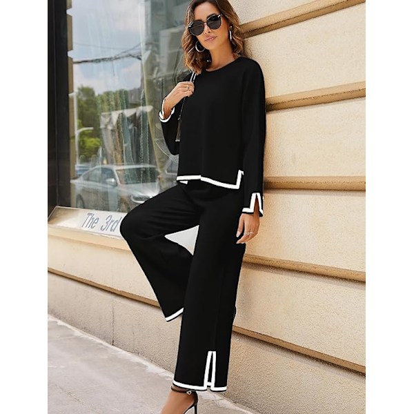 Damesportstøj, sweatre, oversized casual lange ærmer, pullovere, højtaljede vidde bukser, casual jakkesæt Sort S