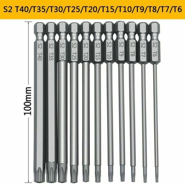 11 stk. 100 mm S2 1/4 tommer Torx skruetrækker Hex bits præcisionsbor magnetisk sikkerhedsskruetrækker T6-T40 Cisea lang hoved Torx skruetrækker