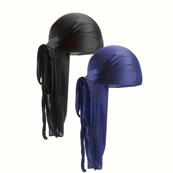 2-pak strikket polyester Durag pirathat med ekstra lang hale 2pcs/set Black+Silver