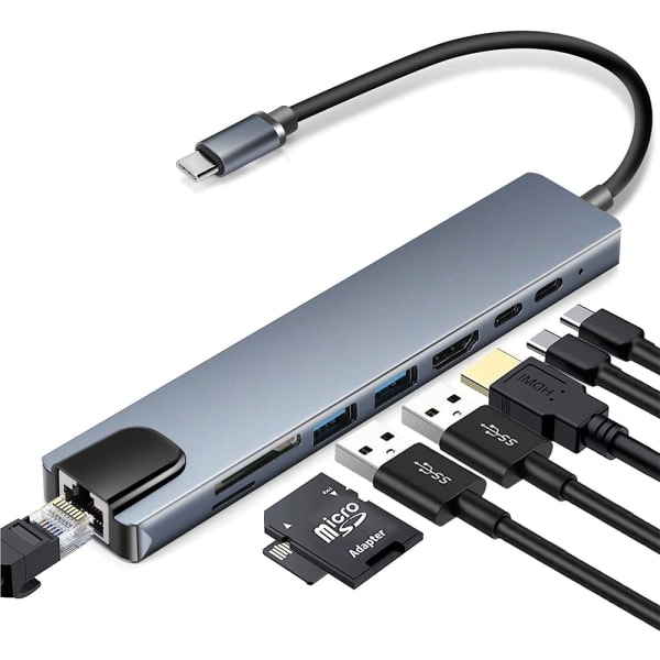 8-in-1 Type-C Hub USB 3.0 USB-C HDMI LAN RJ45 SD TF Adapter Macbook-kannettavalle