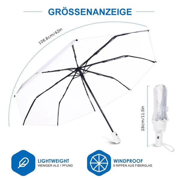 Foldable Transparent Umbrella, Waterproof and Windproof Pocket Umbrella, Automatic Open and Close, Clear View-FY-