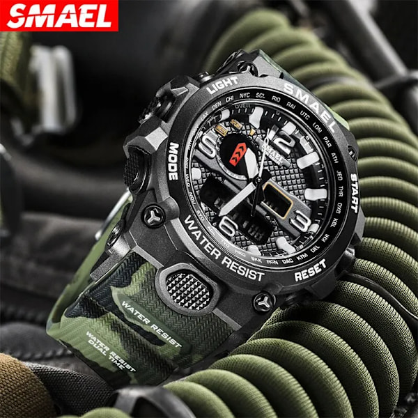 SMAEL Uusi Miesten Kello 50M Vedenkestävä Hälytyskello Reloj Hombre 1545D Kaksoisnäyttö Rannekello Kvartsikellot Miehille ArmyGreen