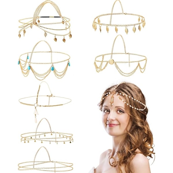8 kpl kultainen pääketju korut Boho otsapanta Hiuspanta Helmet Tupsuketju Hiuskoriste Hääfestivaali Prom Otsapanta naisille ja tytöille (tyyli A)