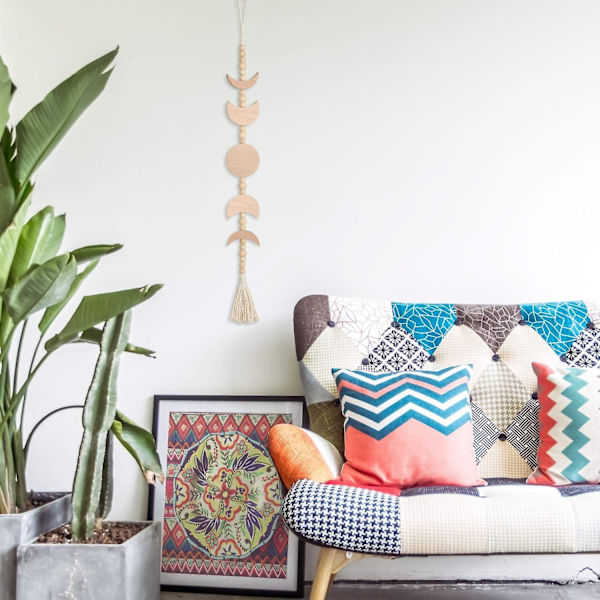 Väggdekoration i trä med månfaser, Boho-vävd heminredning