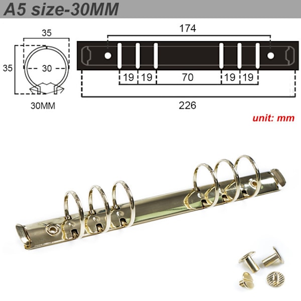 2 stk. A5 notesbog 6-huls ringbindmekanismer 3 cm diameter guld farve metal klemme ringbind DIY fyldpapir opbevaringsmappe tilbehør