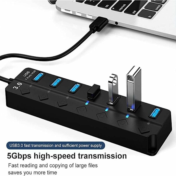 USB Hub, 7-Port USB 3.0 Hub, Multi-Port USB Data Hub Splitter med Individuelle På/Av-brytere, USB-utvider for MacBook, Mac Pro og flere USB-enheter