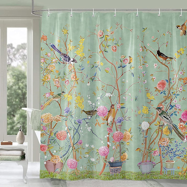 Duschdraperi Grön Mögelresistent Vattentätt Fågel Blomma Badrumsgardiner Med 12 Krokar 150x180cm