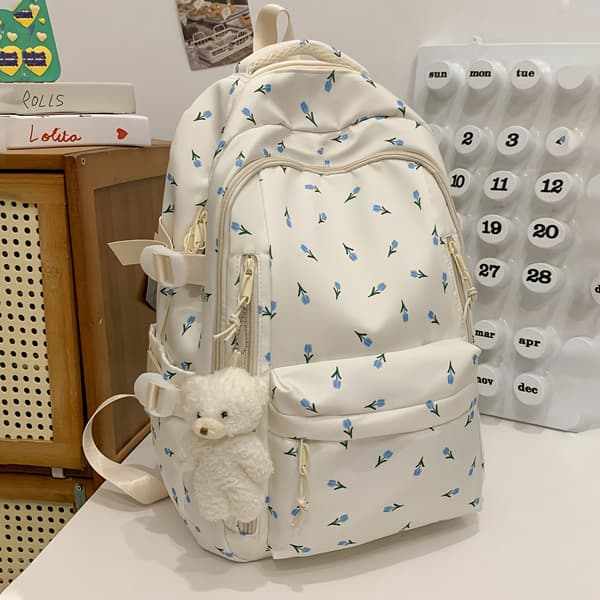Nylon Dame Rygsæk med Trykt Rosendesign, Multi-Rum, Stor Kapacitet Not provided White