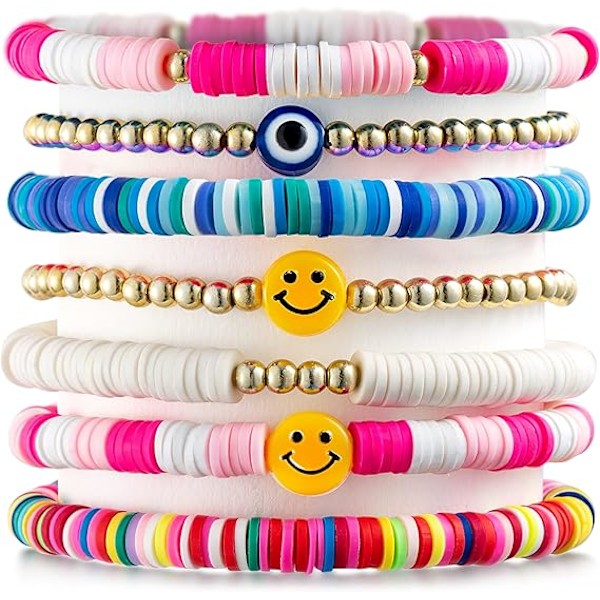 7 st preppy stapelbara armband färgglada glada leende onda ögon stretch armband Y2K handgjorda charms