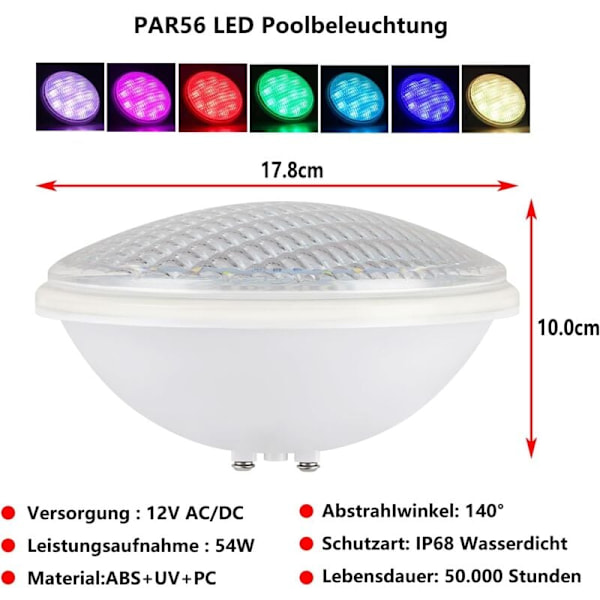 Uima-allaskohde PAR56 54W 12V LED vedenalainen riippuva uima-allaskohde, korvaa 300W halogeenivalonheittimen (54W RGB) [Energialuokka F]