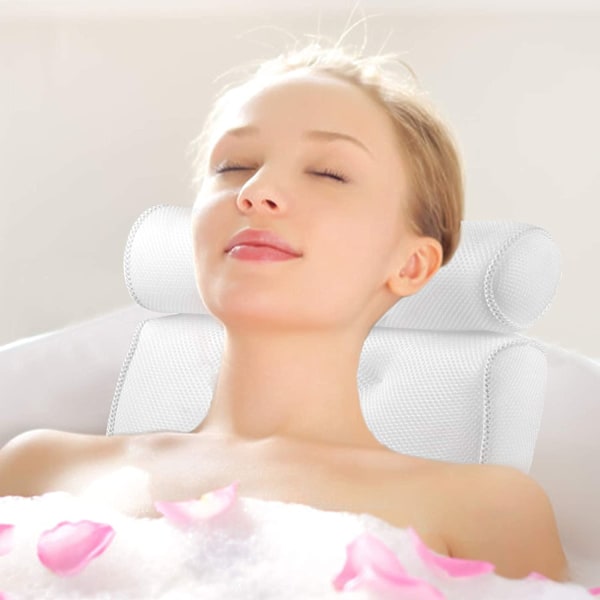 Badkudde, badhuvudstöd, andningsbart 3D-nät badkar SPA-kudde R & Eacute; mögelbeständig med 6 sugkoppar för badkar