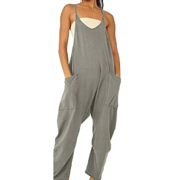 Dam Dam Vår Sommar Casual Lös Lång Overall Jumpsuit Playsuit Baggy Romper Med Fickor Mörkgrå‘-PO- Dark Grey 4XL