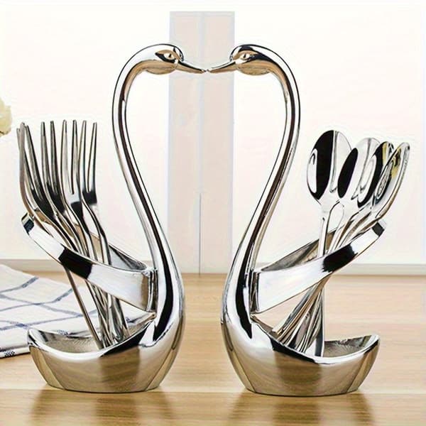 Svaneformede bestikholdere i rustfrit stål til kaffebarer, restauranter og borddækning Silver 2Pcs Set