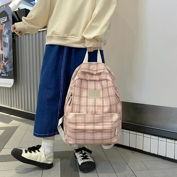 Light Academia Estetisk Ryggsäck Rutig Preppy Ryggsäck Tonårstjejer Skolväskor Tillbehör för Skolstart (Mjukrosa)