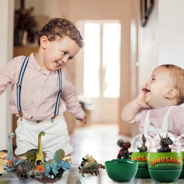 Dinosaur Pull Back Cars with Jumbo Eggs, Filled Easter Eggs with Toys for Indoor Egg Hunt