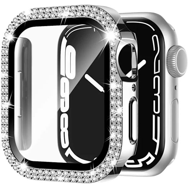 Bling Glass+ deksel for Apple Watch Case 45mm 41mm 40mm 44mm 42mm 38mm Diamant støtfanger + skjermbeskytter iwatch series 7 9 8 5 6 SE C sølv C sølv