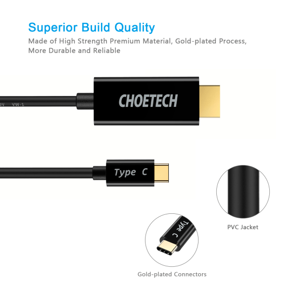 Typ C Thunderbolt 3 USB C til HDMI 4K/30Hz-kabel (10ft/3m) til MacBook Pro iMac Chromebook Pixel Dell XPS-serien Samsung Galaxy Note 20/10/9 sort