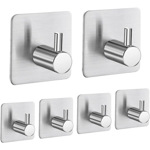 Handdukshängare, utan borrning, set med 6 silverkrokar, självhäftande, badrums- och kökshanddukskrokar, silver