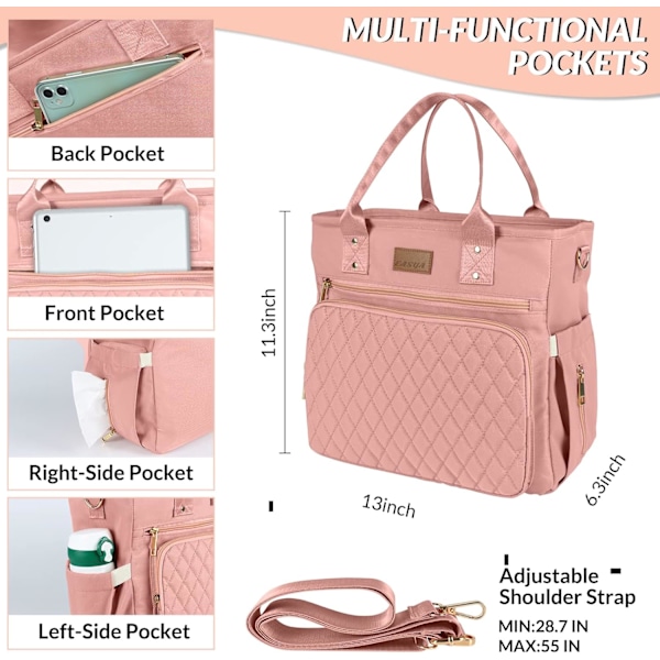 Stor lunchväska för kvinnor - Isolerad, hållbar nylonväska med förvaringsficka, 33 cm L x 16 cm B x 28,7 cm H, rosa Pink