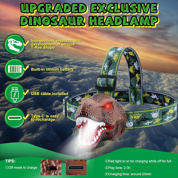 Lasten T-Rex-otsalamppu, LED-otsalamppu akulla, LED-otsalamppu karjuvalla äänellä, otsalamppu 2 valaistustilalla, dinosauruksen lelu