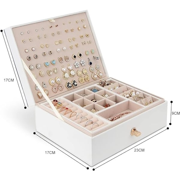Smyckeskrin Organizer för Halsband Örhängen Armband Ringar Stor PU Läder Smyckeskrin med 3 Stapelbara Lager (Vit)