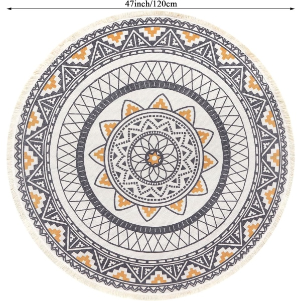 Rund vävd bomullsmatta med fransar, 120 cm, bohemisk tryckt maskintvättbar golvmatta för vardagsrum, sovrum, kök, tvättstuga