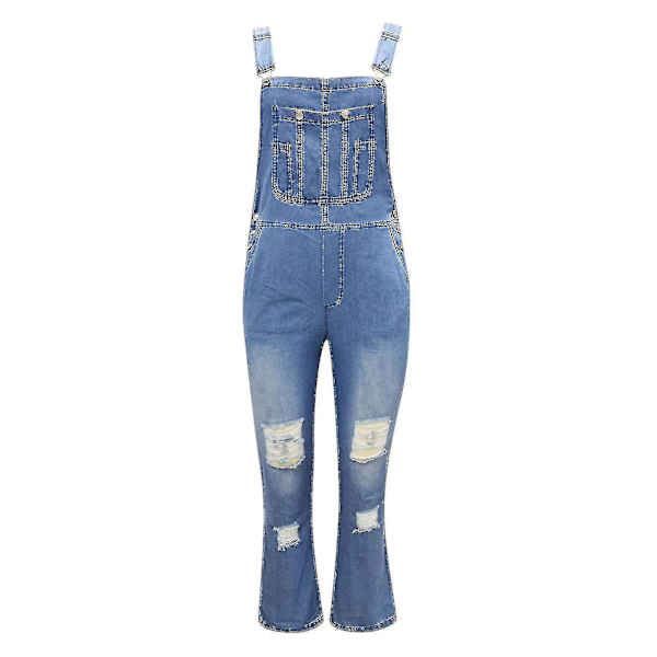 Dame Vasket Denim Bib Jeans Overalls Casual Ripped Denim Jumpsuits Rompers Blue L