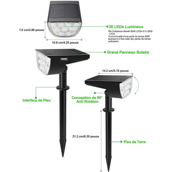 4-pakning 30 LED utendørs solcelled spotlights, IP67 vanntett solcelleprojektor justerbart solcellepanel 180° utendørs solcellebelysning