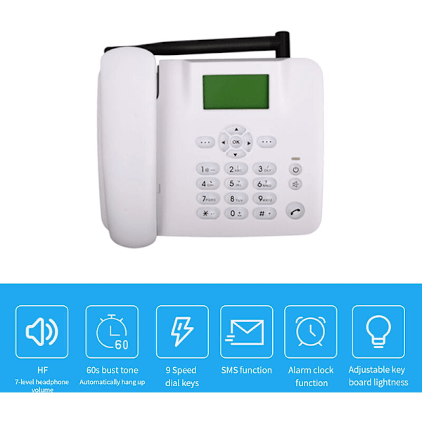 4G trådløs fast telefon med håndfri funktion, SIM-kort GSM 850/900/1800/1900Mhz med vækkeur, radioantenne, SMS-funktion til hjemmet