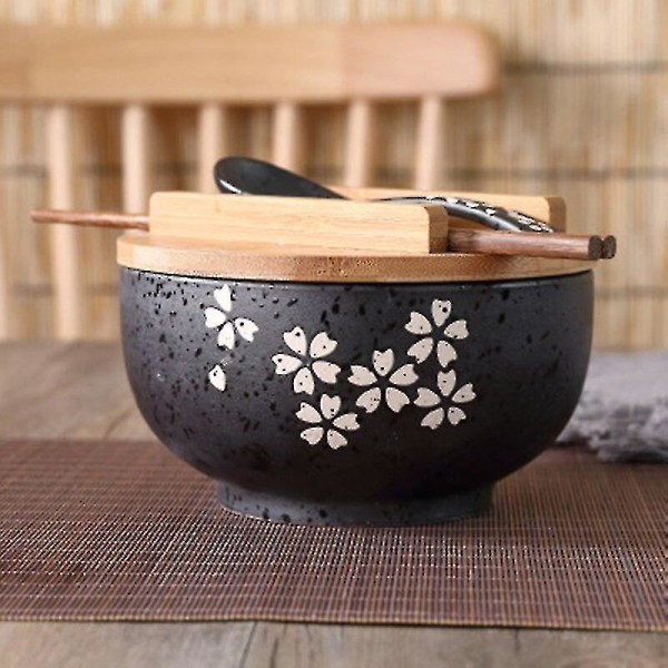 Instant nudelskål i japansk stil, mattallrik, keramiksoppa och salladsskål med cover av träpinnar