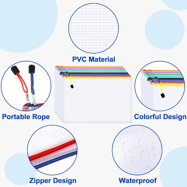 24 st Plastfickor, Mesh Dokument Zip Lock -påsar A4-mappfil Zip-påsar Dragkedjade plånböcker för skolmaterial Kontorsläxor Reseförvaring 1