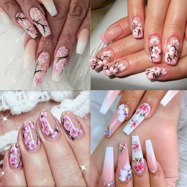 12 st Rosa blomma Nail Art Stickers Dekaler Söta Cherry Blossom Nageltillbehör Akvarell Blommor Vatten Transfer Dekaler Tillbehör