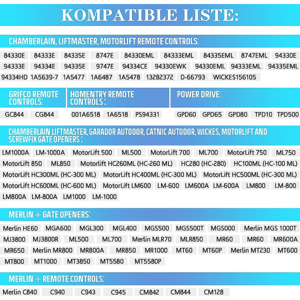 2-pak udskiftning håndholdt Chamberlain Liftmaster Motorlift garagedør fjernbetjening 94335e | 84335e | Ml700 | Ml500 | Ml850 | Merlin + C945 | C840 Se