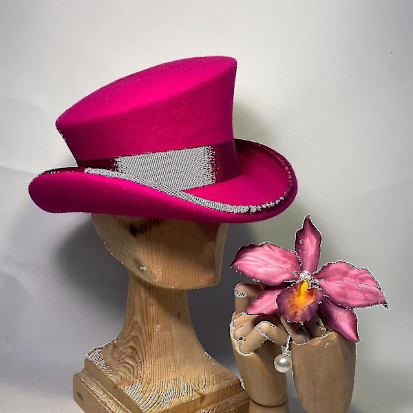 Asymmetrisk uld tophat - unisex hat til kvinder og mænd - steampunk hat - tophat - modebånd - dekorativ hat - hovedbeklædning til mænd Hot Pink