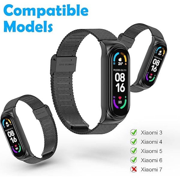 Rem til Xiaomi Mi Band 6/Mi Band 5/Mi Band 4/Mi Band 3, 1 stk justerbar sportsarmbånd i rustfrit stål, sort