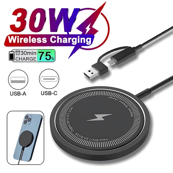 30W Magnetisk Trådløs Lader for iPhone 15 14 13 12 11 Pro Max Airpods PD MagSafe Telefonlader Hurtiglading Black PD Port Only