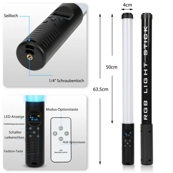 LED Fotografering Lys Stick: Video Lys med 2700K/6500K/RGB Farver, 10 Fjernlys, Sort