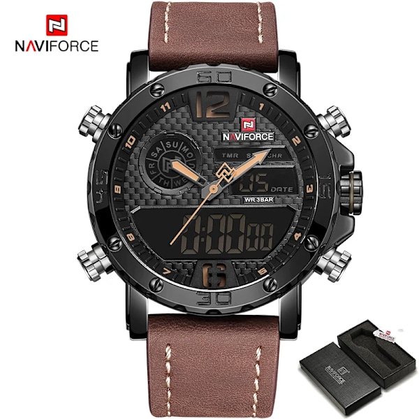2021 NAVIFORCE Toppmärke Sportklockor Herr Läder Vattentät Man Kvarts Digital Dubbel Klocka Man Armbandsur Relogio Masculino BYBN-with Box