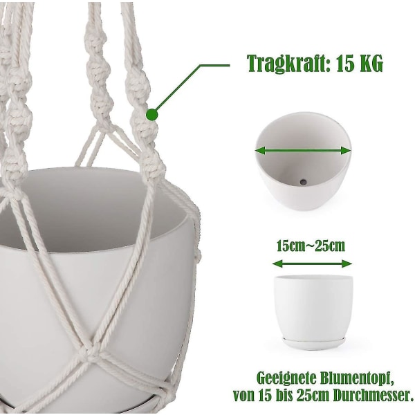 4 stk. Macrame hængekurv 4mm tyk bomuldsreb hængekurv blomsterpotte