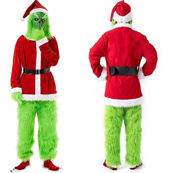 Grinch Kostym Jul Cosplay Vuxen Jultomte Kostym Outfit Set + Mask qd bäst 7 delar komplett klädset 7 st komplett set med kläder 7PCS full set of clothes 2XL