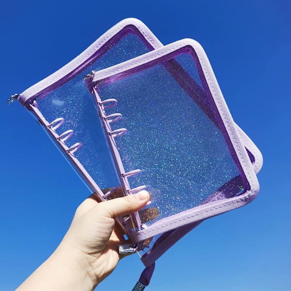 A6 rengaslehtiökansi läpinäkyvä PVC vihkokansi vetoketjulla glitter suunnittelija kansio kiiltävä budjettikansio käteiskassajärjestelmälle violetti lila Purple A6