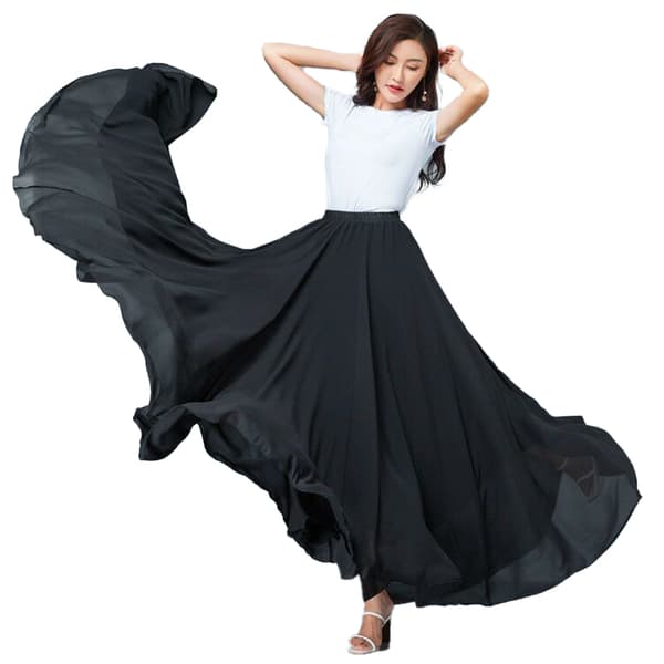 720 Silkeagtig Tynd Chiffon Elastisk Talje Lang Danse Nederdel til Mavedans Sort Black 90cm