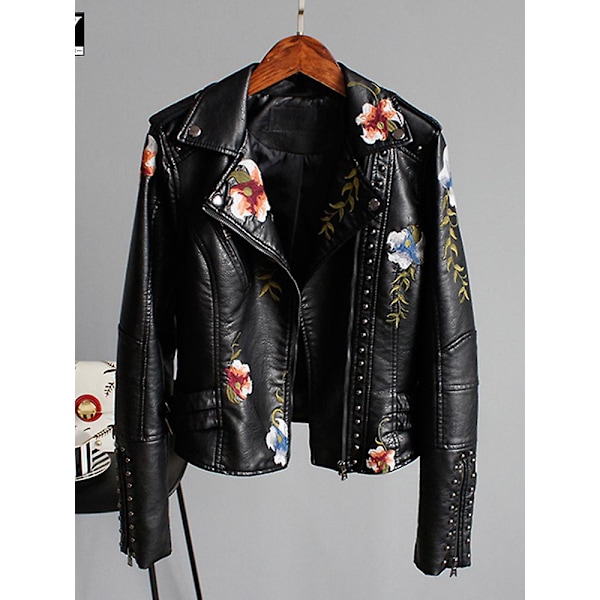 Blomstrete kunstskinnjakke i mykt skinn for kvinner, PU motorsykkeljakke, svart punkrock med glidelås og nagler, yttertøy i svart Black Black M