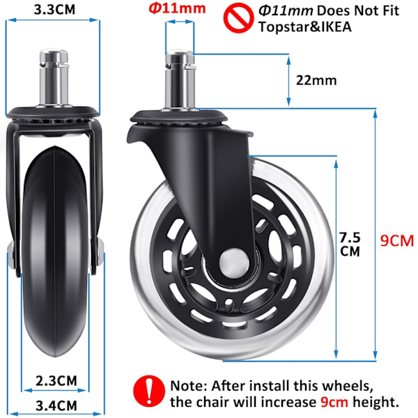 Kontorstolhjul 5-pakning, 11mm x 22mm, Kontorstolhjul Gummirhjul, Hjul for harde gulv til kontorstoler, 360 graders sving uten riper