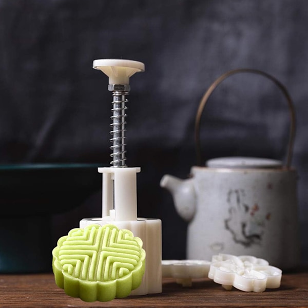 Månekageform Sæt, Månekage Presseforme, Midt-efterårsfestival DIY Håndpres Cookie Stempler Bageværktøj med 50g Modelmønster, Månekage Maker (Hvid)