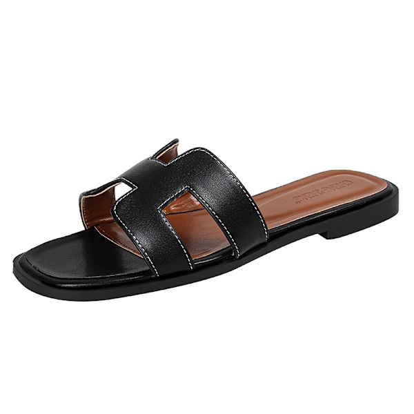 Tøfler for kvinner å bruke utendørs 2024 nye ins trend sommer får mønster sandaler fasjonable strand flate skinn black black 40