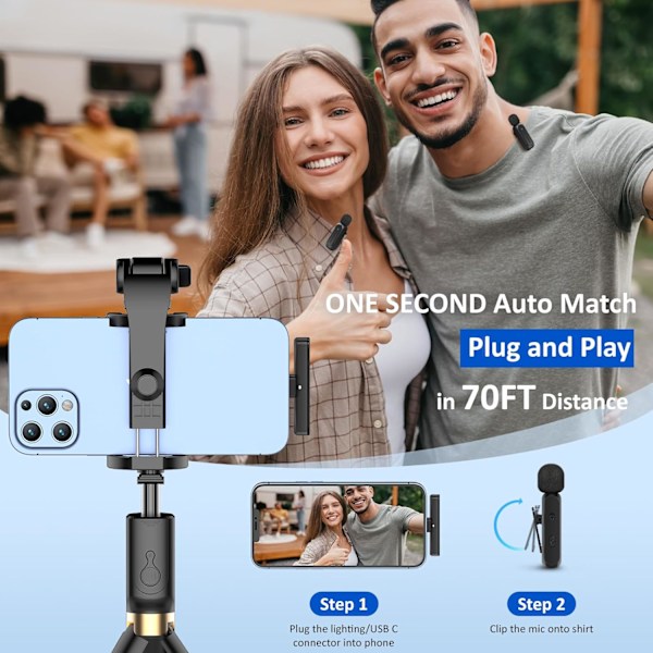 2 stk. Trådløse Lavaliermikrofoner til iPhone iPad Android med Opladningsetui 7H Clip-on Reversmikrofon Trådløs