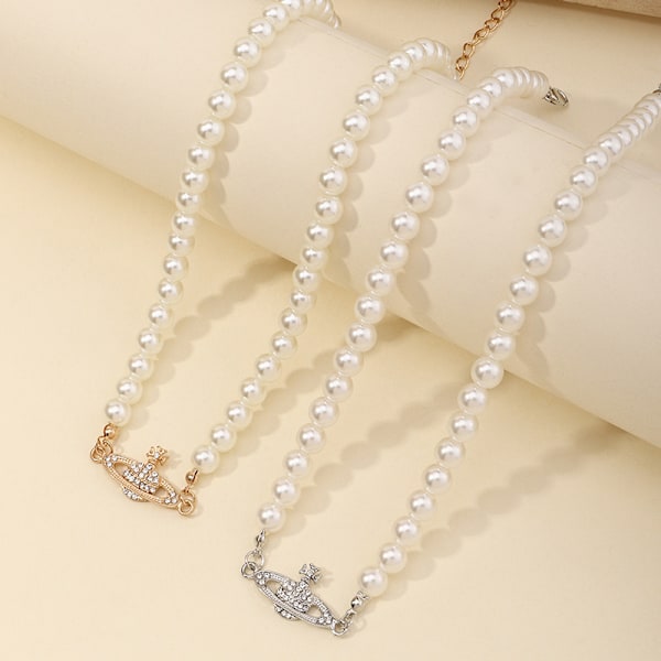 Vintage Dam Halsband Saturnus Hänge Blanka Rhinestone silver