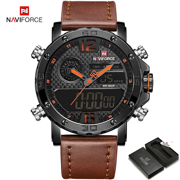 2021 NAVIFORCE Toppmerke Sportsklokker Herre Lær Vanntett Mann Quartz Digital Dobbel Klokke Mann Klokke Relogio Masculino BOLBN-with Box